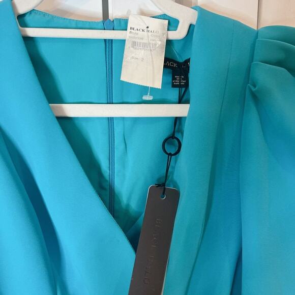 BLACK HALO -NWT- Turquoise Maricopa Puff Sleeve Belted Cocktail Dress | 2 - Picture 12 of 13